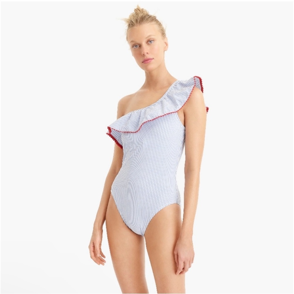 J. Crew One Shoulder Ruffle Swimsuit Seersucker Pom Trim Blue White Red - Picture 9 of 12